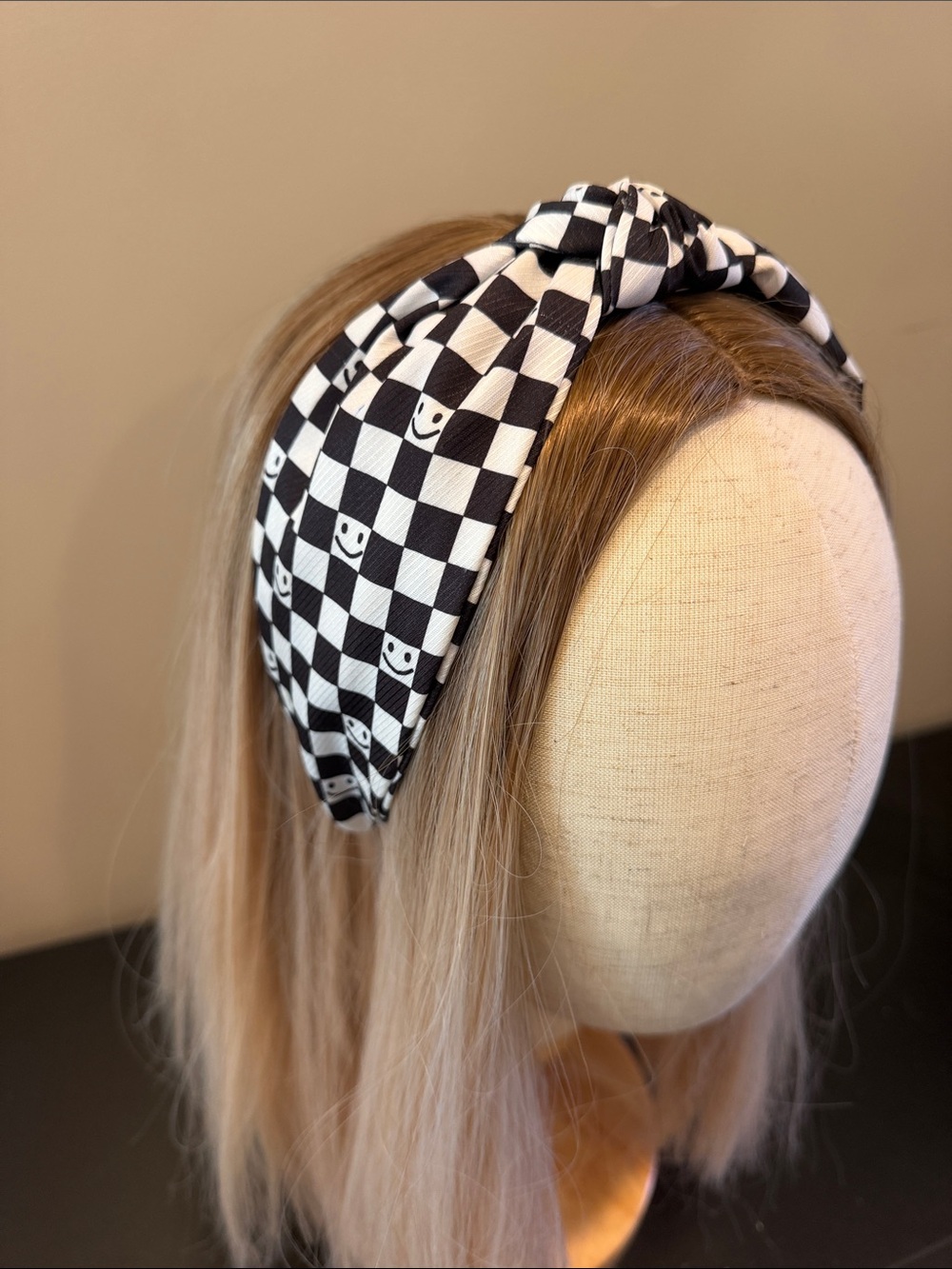 Kids Black & White Checkered Knot Headband with Smile Accents